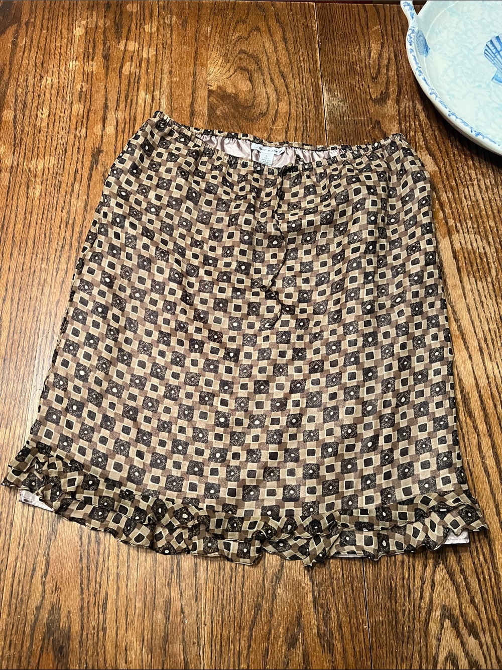 Vintage Michele Michelle 100% Silk Chic Brown Geometric Mini Skirt Ruffle Hem